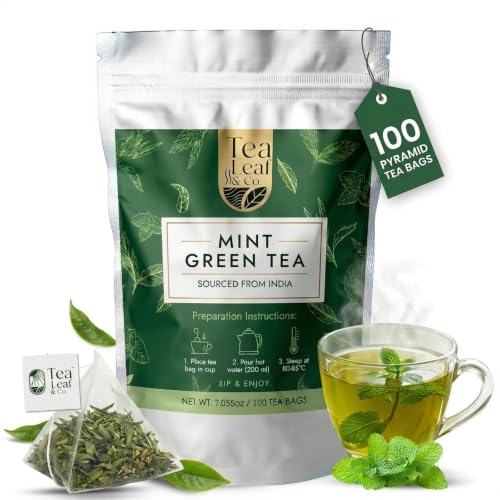 Image of Tealeaf & Co. Mint Green Tea Bags Blended with Fresh Herbs - Spearmint & Peppermint Tea - Contains Low Caffeine - Gluten Free - 100 Teabags (7.055oz /200gm)