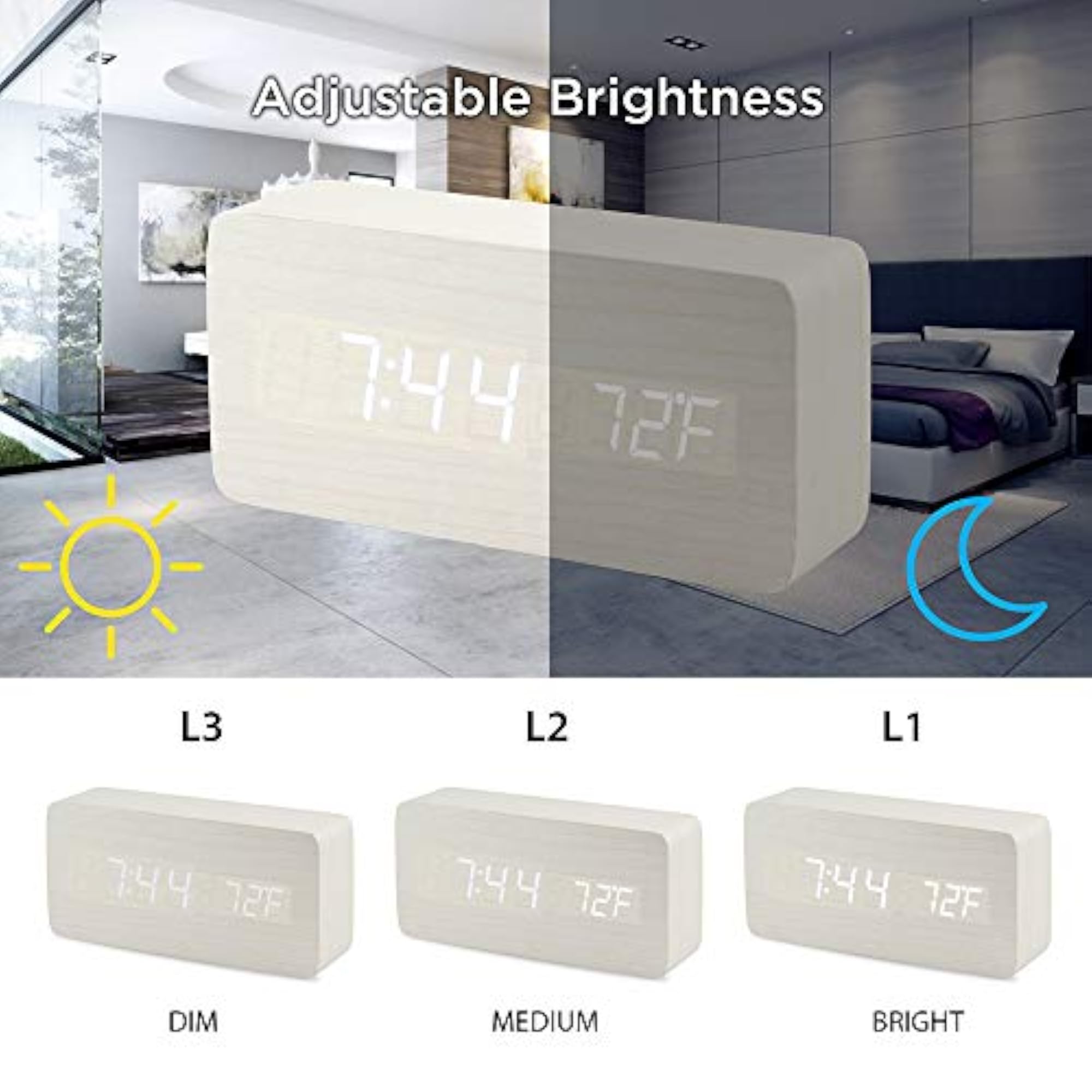 Wooden Digital Alarm Clock, Multi-Function
