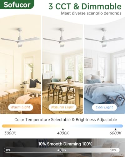 Image of Sofucor 52 Inch Smart Ceiling Fans with Lights, Modern 3 Wood Blade, White