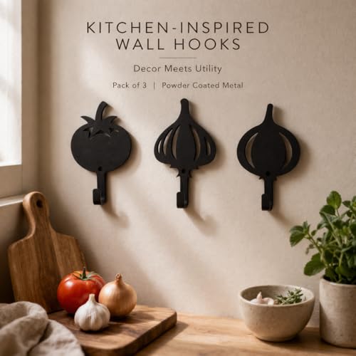 Image of Kitchen Wall Hooks Set of 3 | Heavy Duty Metal Wall Hooks | Matte Black Powder Coated | Decorative Key Holder & Towel Hanger for Kitchen & Home Decor