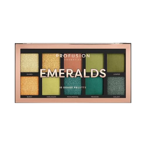 Profusion Cosmetics 10-Shade Emeralds Eyeshadow Palette, Versatile Looks with Travel-Friendly and Richly Pigmented Blendable Multi-Finish Shades, Suitable for All Skin Tones and Cruelty Free