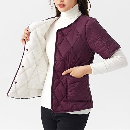 Women's Fleece Lined Puffer Jacket Short Sleeve Snap Button Down Coats with Pocket Warm Diamond Quilted Jacket3