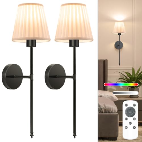 Image of NIORSUN Battery Operated Wall Sconce Set of 2,Beige-Black Rechargeable Wall Lights with 10400mAh Dimmable Bulbs and Remote, 9 Colors Wireless Wall Lamps for Bedroom Living Room Hallway