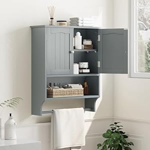 Smuxee Grey Bathroom Cabinet Wall Mounted with Towels Bar, Bathroom Medicine Cabinet with 2 Door Adjustable Shelves, Over Toilet Cabinet for Bathroom Laundry Room Kitchen Smuxee Grey Bathroom Cabinet Wall Mounted with Towels Bar Bathroom Medicine Cabinet with 2 Door Adjustable Shelves Over Toilet Cabinet for Bathroom Laundry Room Kitchen