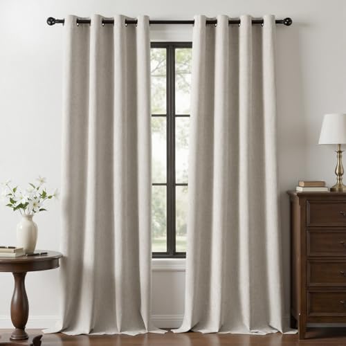 Image of Chenille 100% Blackout Curtains 102 Inches Long for Bedroom, Light Beige | Velvety-soft, Luxury Drapes, Thermal Insulated, Noise Reduction, Room Darkening, for Living Room, Grommet, Set of 2 Panels