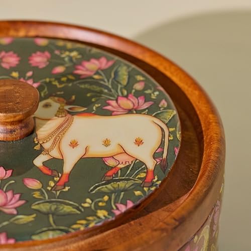 Image of Brick Brown Vana Wooden Masala Box with Lid | Pichwai Meena Embossed Spice Box Organizer | Handcrafted Masala Dani with 7 Steel Containers & Wooden Spoon | Spice Storage for Kitchen (8.3x4.3 Inch)