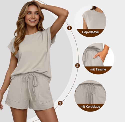 Timuspo Set Damen Outfit Sommer Armloos Tshirt Shorts Zweiteiler Lässig Hausanzug Leicht Sportanzug Bequeme Kurzer Schlafanzug mit Taschen Khaki M