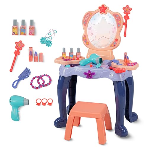 GalPat Baby - Tocador de Juguete niñas + Taburete - Incluye secador electrico + Accesorios - Espejo con música y Luces - Varita Mágica - Incluye 27 Piezas