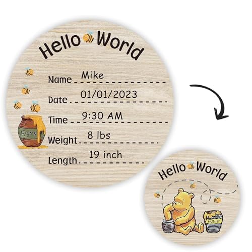 Image of Baby Bear Newborn Baby Birth Announcement Sign, Hello World Newborn Baby Name Sign 6inch Double Sided