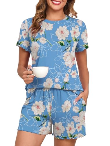 PrinStory Short Pyjamas For Women Short Sleeve Pyjamas Set Crew Neck Pajamas Printed Loungewear Summer Pjs Set Soft Nightwear (Kapok Light Blue, M)