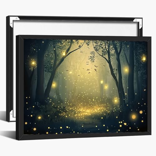 Starry Night Forest Canvas Wall Art – Magical Fireflies and