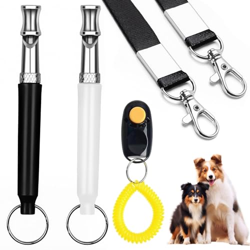 Noaxylic 2 Piezas Silbato para Perros, Silbato Ultrasónico para Perros de Alta Frecuencia, Accesorio Antiladridos Ultrasónico con 2 Cordón, para la Mayoría de Las Razas, Clicker (Negro, Blanco)