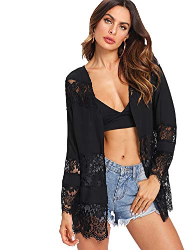 SweatyRocks Women Kimono Vintage Floral Beach Cover Up Solid Black Large