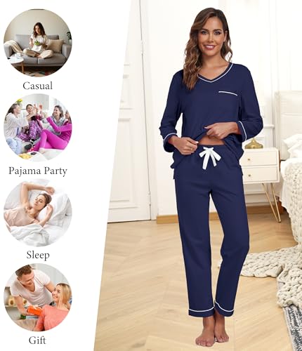 ANLIQI 100% Cotton Pajamas for Women Long Sleeve V Neck Top and Pant Sleepwear Loungewear Pjs Sets 2 Piece Pjs with Pockets3