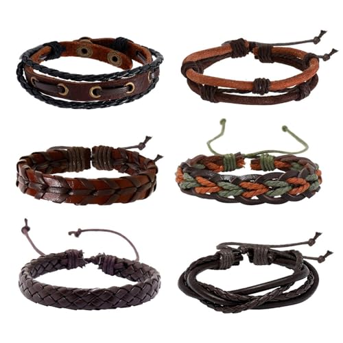 OAOSDH Pulsas De Cuero para Hombres De 6 Piezas, Pulsera Creativa, Múltiples Capas, Estilo Punk