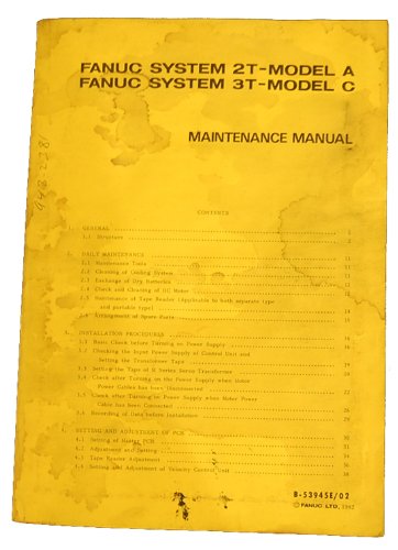 Cover of the Fanuc System Maintenance Manual for Models 2T-A and 3T-C, showing a yellow cover with black text.