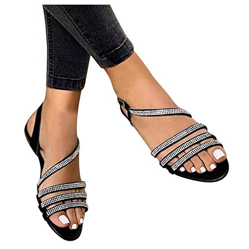 Women's Rhinestone Beaded Low Heel Sandals Retro Ankle Strap Buckle Roman Sandals Slingback Open Toe Waterproof Outdoor Beach Shoes (Black, 9.5-10)