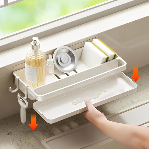 Organizador Fregadero Cocina de Plástico, Porta Soporte Estropajo Fregadero con Bandeja Drenaje, Autoadhesivo Recipiente Guarda Estropajos Fregaderos Cocina, Sponge Holder para Paño, Cepillo, Esponja