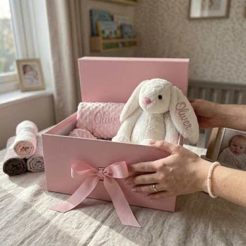 Image of Personalized Baby Blanket with Bunny Set for Baby Girl Gift | Custom Baby Blanket with Name, Customized Blankets & Rabbit Gift Set for Birthday, Flannel Dot Swaddle for Baby Shower Gifts