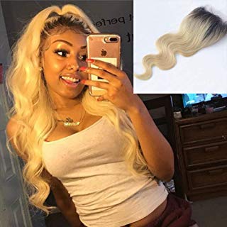 Choshim Hair Ombre 1B 613 Body Wave Top Lace Closure with Baby Hair Dark Roots Blonde Brazilian Virgin Hair Pre Plucked 4x4 Size 16 Inches Remy Hair