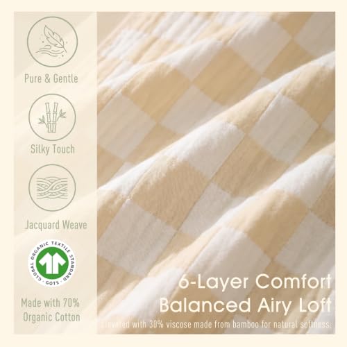Image of Ultra Soft Muslin Baby Blanket - Made with Organic Cotton, Neutral Earth Tone Checkered Swaddle & Crib Quilt, 43x43 (Beige)