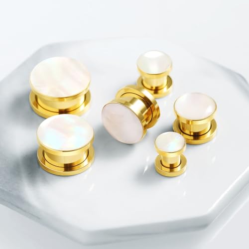 Wycian Lot de 2 tunnels en acier chirurgical 316L plaqué or nacré 12 mm à visser en spirale pour femme, 8mm (0G), Nacre Pierre précieuse, Perle – vue 3