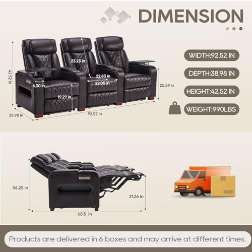 Image of Luxury Home Theater Seating - Power Recliner with Adjustable Headrests, Blue LED Ambient Lighting, Tray Table, USB & Type-C Charging (Dark Brown,3 Seat)