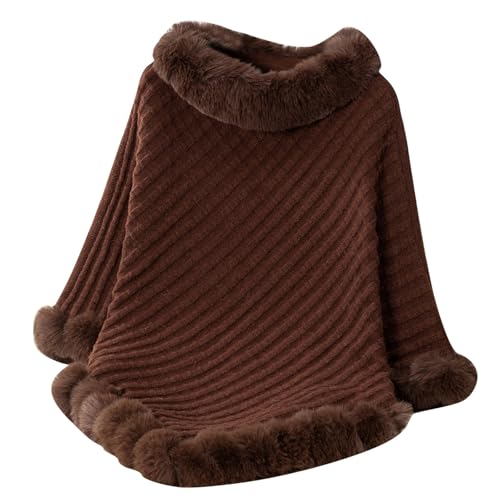 HGps8w Women's Winter Fur Trim Irregular Hem Shawl Wrap - Cozy Warm Loose Pullover Knitted Poncho Cape Cardigans Shawls