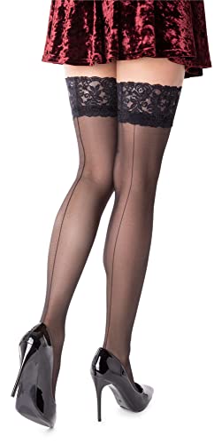 Bas Noir Dentelle Résille Extra Large Auto-fixant Lingerie NEUF