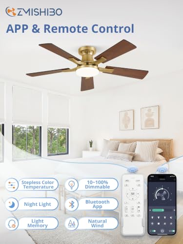 Image of ZMISHIBO 42 Inch Ceiling Fans with Lights, Remote&App Control, Flush Mount | Low Profile, Dimmable 20W LED Light, Quiet Reversible Motor, Strong Airflow, Easy Install for Bedroom /Living Room /Apt, Gold