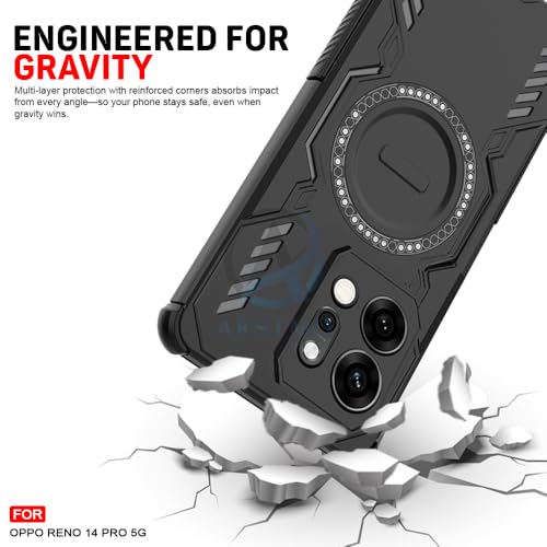 Image of AESTMO Back Case Cover for Oppo Reno 14 Pro 5G | Magnetic Case with Built-in Metal Ring | Compatible with MagSafe Accessories | Shockproof Hybrid (PC + TPU, Black)