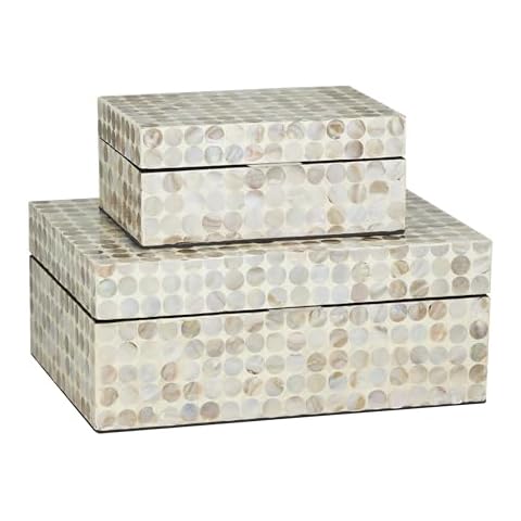 Deco 79 Mother of Pearl Shell Geometric Handmade Decorative Box Decorative Keepsake Boxes with Hinged Lid, Set of 2 Storage Boxes 12", 8"W, Cream Cover