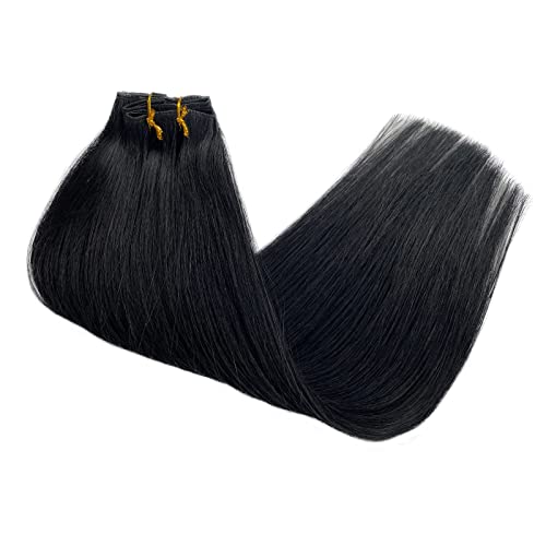 Image of Jet Black Remy Hair Extensions - Clip in Human Hair 100% Real, 18 Inch 70g 5pcs Natural Soft Straight Double Weft Clip in Extensions #1
