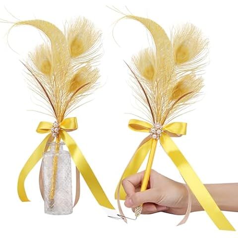 CROWN GUIDE Peacock Feather Quill Pen for Wedding Guest Book Cute Fancy Ballpoint Pens for Journaling Women Reception Signing Bridal Shower Nikkah Pen for 1920s Gatsby Accessories Party Decoration Cover
