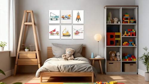 Image of Frimeeme Car Wall Art Boys Room Canvas Wall Decor Nursery Prints, Unframed | Kids Decor with Airplanes, Rockets & Ships for Boys' Nursery, Bedroom & Playroom, 8x10 Inches, Set of 6