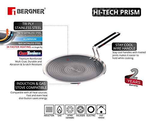 Image of BERGNER Hitech Prism Non-Stick Stainless Steel Concave Roti Tawa, 26 cm, Induction Base, Silver