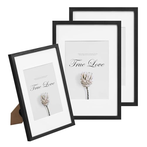 EUGAD 3er Set Bilderrahmen A4, Massivholzrahmen mit Passepartout, Fotorahmen mit bruchsicherem Acrylglas, zum Aufhängen & Aufstellen, für Fotos Bilder, Schwarz