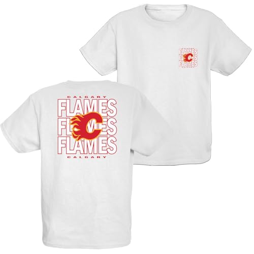 Calgary Flames NHL Officially Licensed Youth T-Shirt Front/Back Curl White, Small