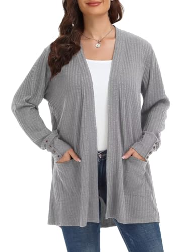 Image of MONNURO Plus Size Open Front Cardigan Sweaters for Women Lightweight Long Sleeve Fall Coat with Pockets(O-Gray,5X
