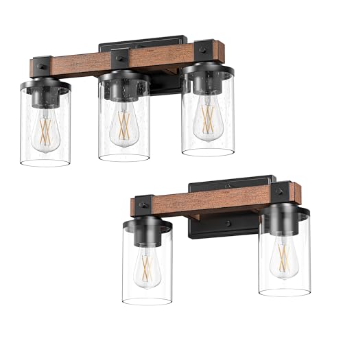 EDISHINE Farmhouse Vanity Lights for Bathroom, 3-Light with Bubble Glass Shade, 2-Light with Clear Glass Shade
