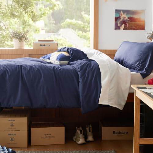 Image of Bedsure Prewashed Twin /Twin XL Duvet Cover, Cotton-Like Bedding Set, Navy | Ultra Soft, Relaxed Texture, Twin XL Breathable Comfort, Hidden Zipper, 8 Corner Ties, Easy Care, OEKO-TEX, Year-Round Use