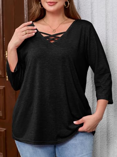 Beautife Womens Plus Size 3/4 Sleeve Tops Summer Casual Criss Cross V Neck T-Shirts Loose Fit Tees Tunic Shirts2