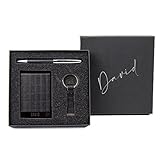 Elegante caja Regalo Personalizada con tarjetero, bolígrafo y llavero. Pack de regalo premium para hombre en PU y acabados metálicos, personalizado con el nombre que quieras