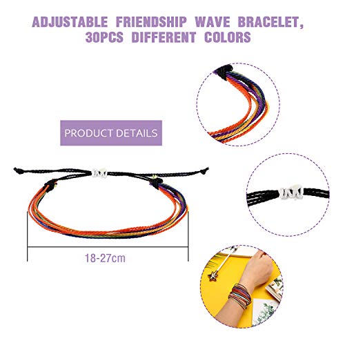 Hicarer 30 Pieces Friendship Bracelets Wave Handmade Woven Braided Bracelet Waterproof Rope Bracelet Surfer Adjustable Bohemian Wrist Cord for Women Men Jewelry Party Accessories(Chic Style)2