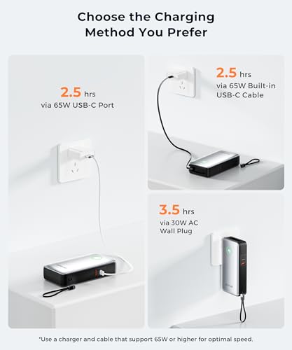 Image of Portable Charger Power Bank - Laptop Battery Pack 65W AC Plug GaN 25000mAh Built in Cable USB C Phone Fast Charging Compatible with iPhone 16 15 14 13 12 11 X iPad MacBook Samsung (White)