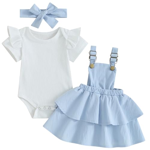 Image of Mubineo Baby Girl Summer Clothes Cute Outfits Short Sleeve Romper Overall Skirt Dress Headband 3PCS Newborn Outfit