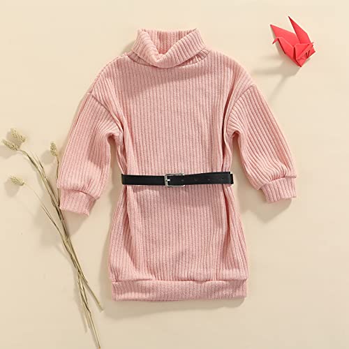 GOOCHEER Toddler Baby Girl Outfits Turtleneck Knit Sweater Dress Kids Solid Ribbed Long Sleeve Dresses +Belt Fall Clothes2