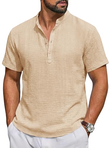 Runcati Mens Casual Henley Shirt Short Sleeve Band Collar Textured Shirts Summer Beach Hippie T-Shirts Apricot