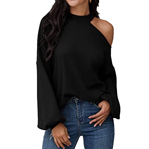 Malha de ombro vazado; blusa feminina com recorte de ombro de gola redonda para a pele, Preto, G