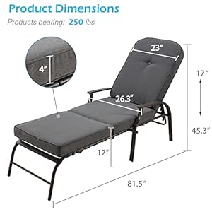 U MAX Adjustable Outdoor Chaise Lounge Chair Patio Lounge Chair Recliner Furniture with Armrest and Cushion for Deck Poolside Backyard Grey
